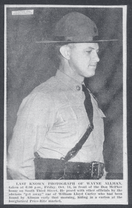 Black-and-white newspaper clipping showing Tpr. Allman in uniform and campaign hat, accompanied by article text.