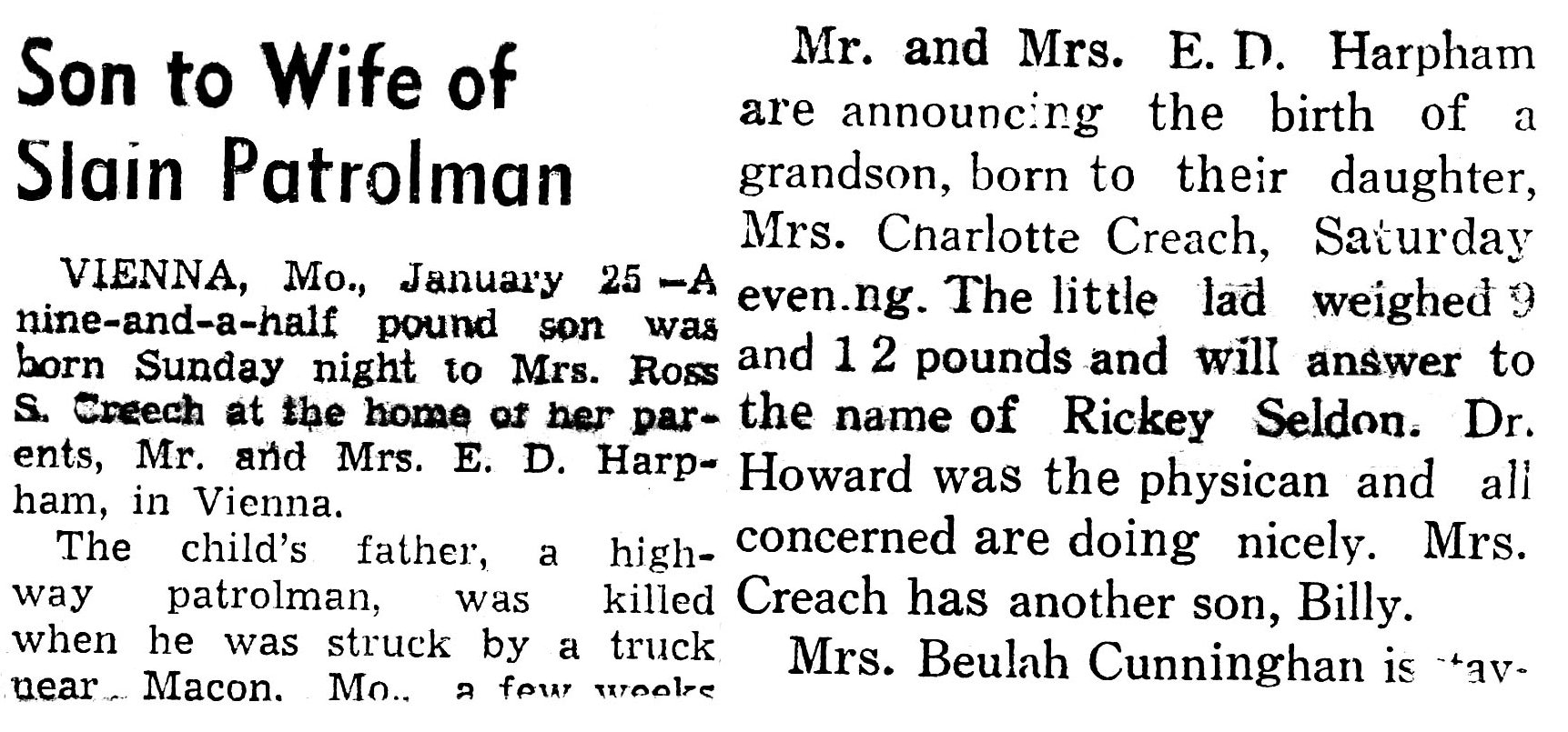 Vintage newspaper clipping headlined 'Son to Wife of Slain Patrolman' announcing the birth of Mrs. Ross S. Creach's son.